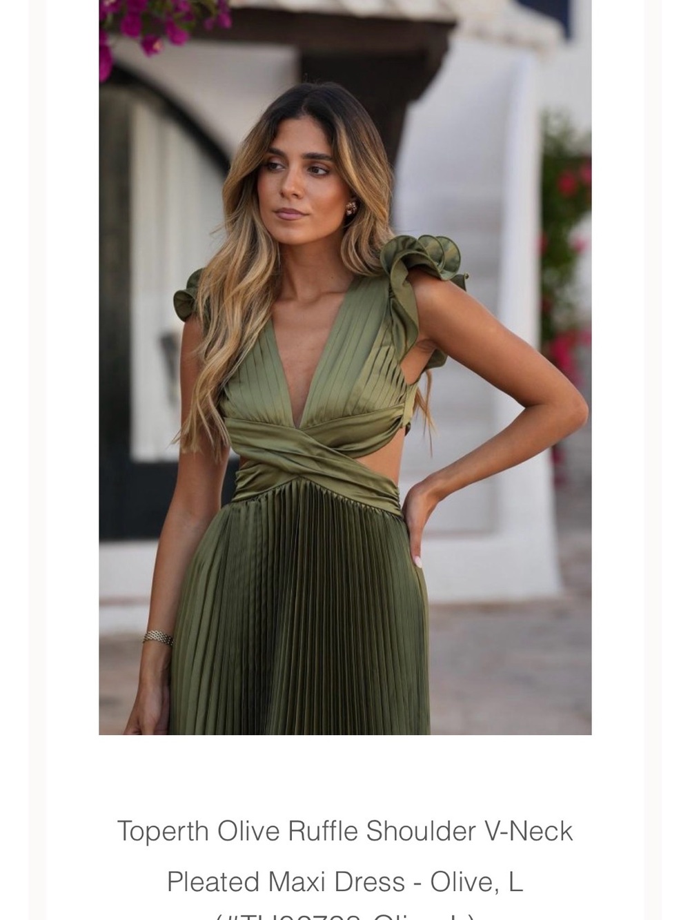Olive V-Neck Pleated Maxi Dress with Ruffle Shoulders